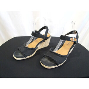 Lucky Brand Mindra Black Canvas Fringe Ankle Strap Espadrille Wedge Sandals 9M